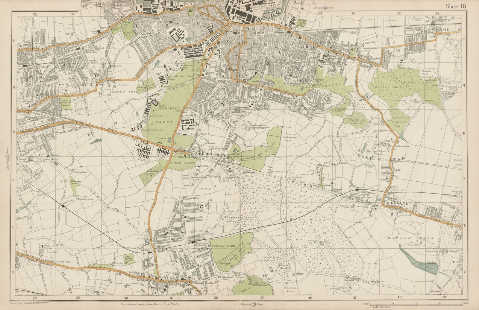 WOOLWICH Charlton Eltham Bexley Plumstead Shooters H Greenwich.BACON  1919 map